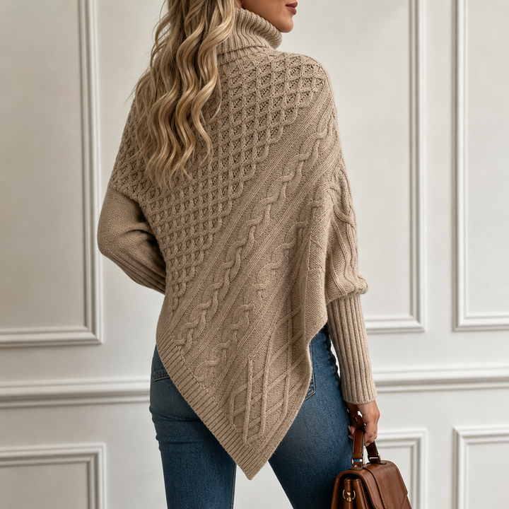 Cablelle Asymmetric Cable-Knit Turtleneck Poncho - Elena Harper