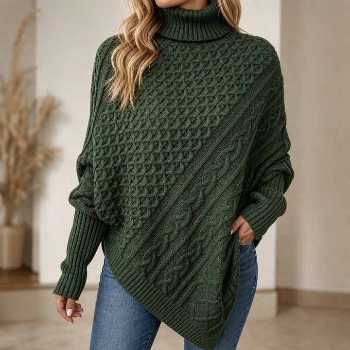 Cable & Cove Cable-Knit Turtleneck Poncho Sweater - Elena Harper