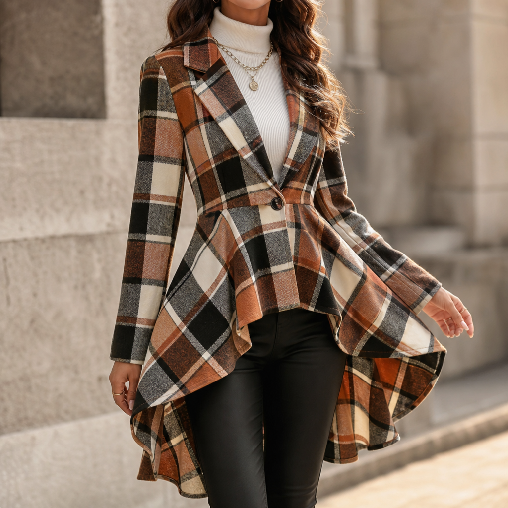 Cinchella Plaid High-Low Peplum Waist Coat - Elena Harper