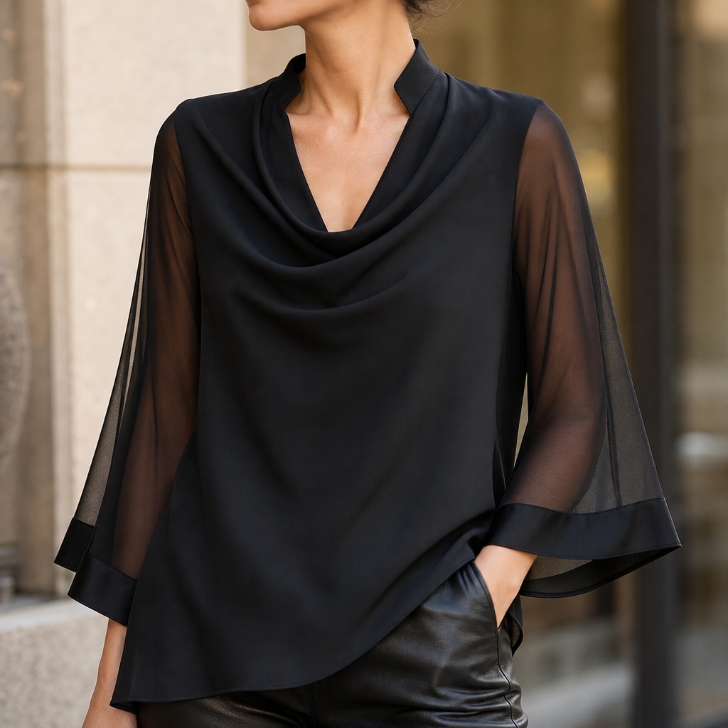 Cowlora – Cowl Neck Sheer Sleeve Asymmetrical Blouse