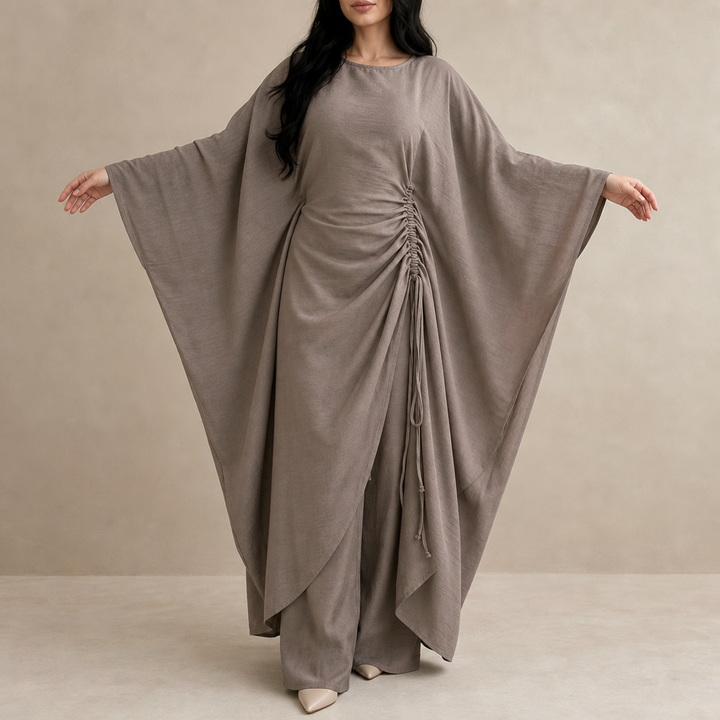 Cinchara Ruched Waist Batwing Kaftan Two-Piece Set - Elena Harper