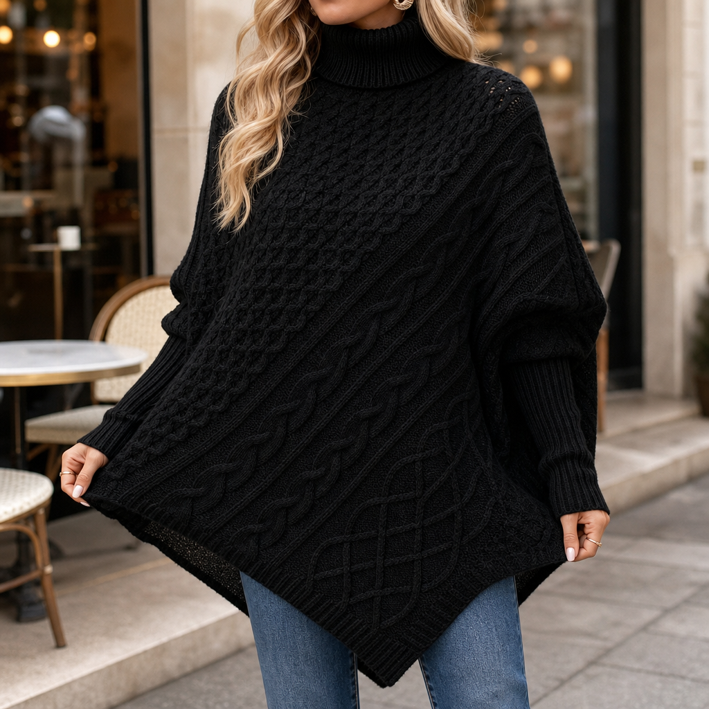 Cabelune Cable-Knit Asymmetric Poncho Sweater - Elena Harper