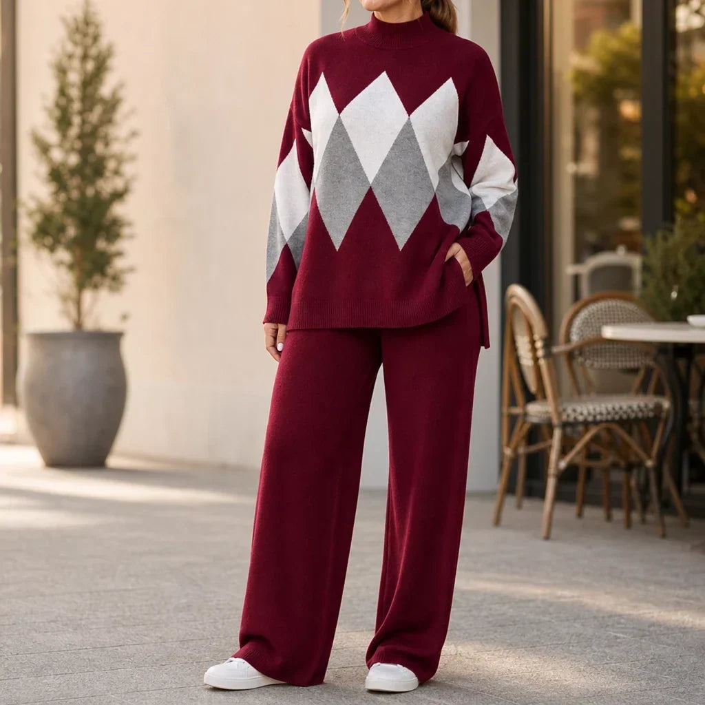 Argyle Ease Argyle Knit Sweater And Wide-Leg Trouser Set - Elena Harper
