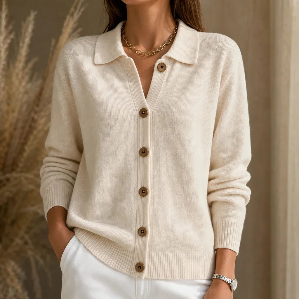 Collara – Turn-Down Collar Contrast-Button Knit Cardigan