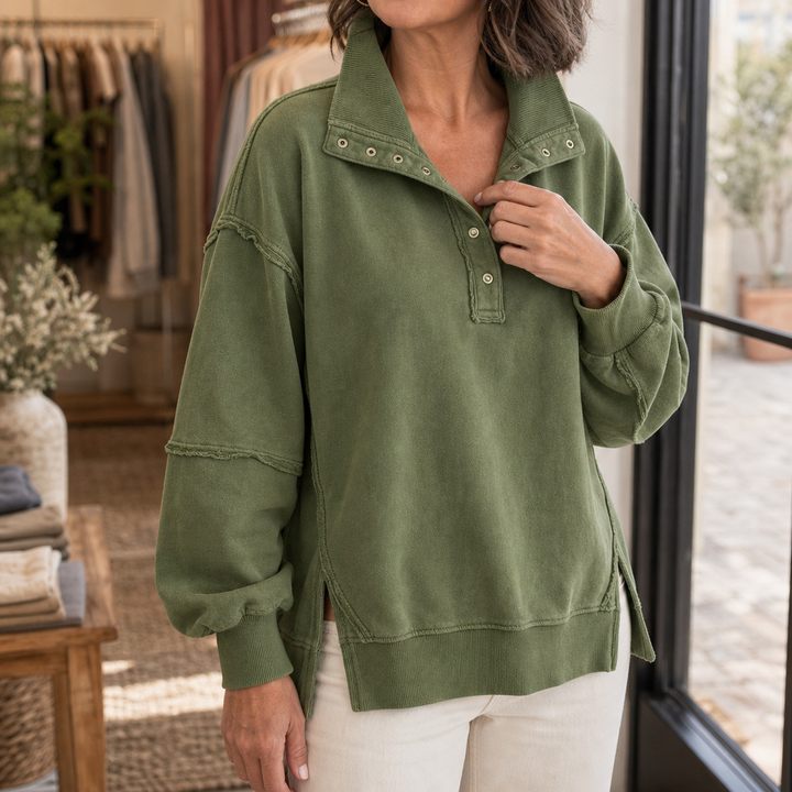 Draperie Raw-Edge Split-Cuff Snap Placket Henley - Elena Harper