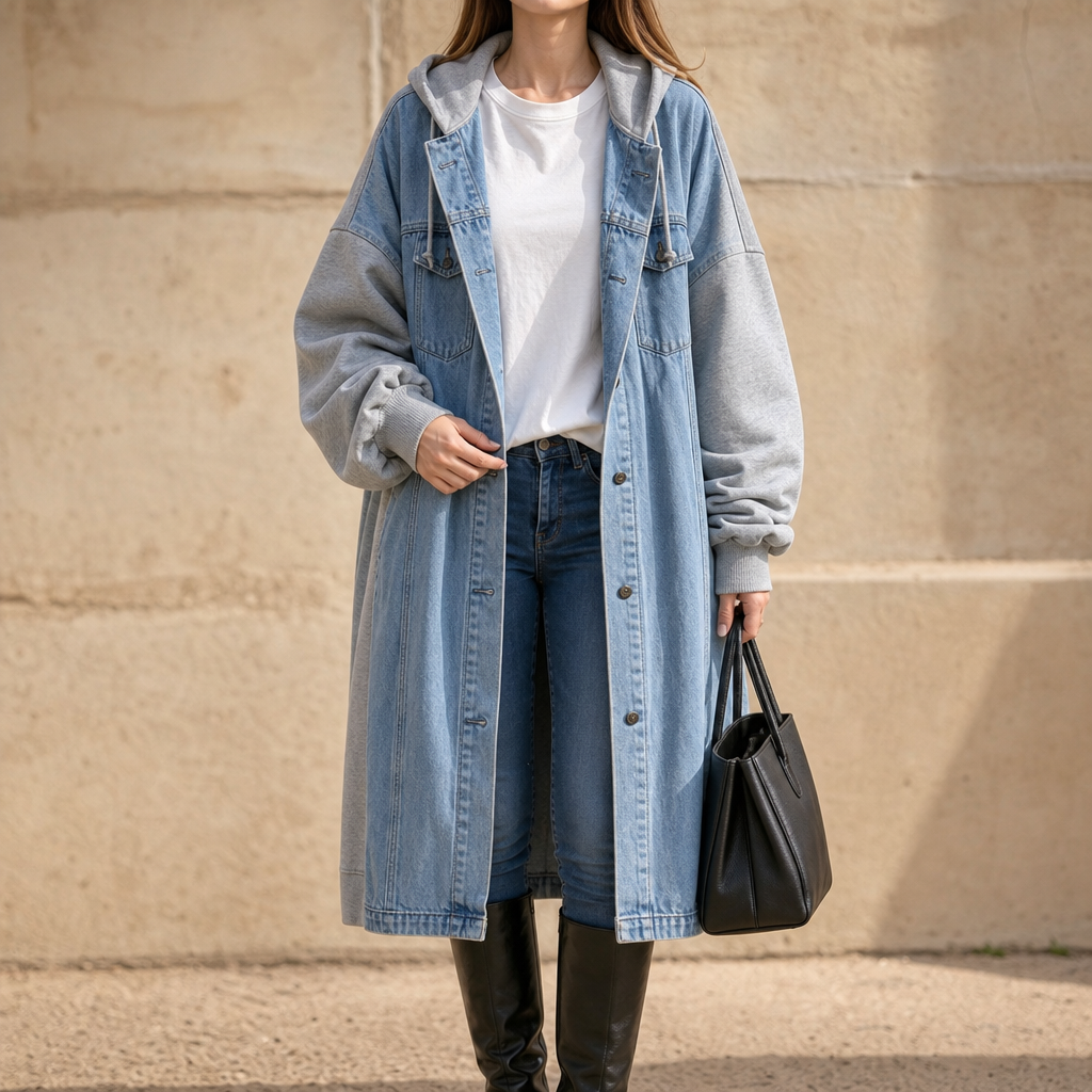 Denimova Washed Denim-Look And Hooded Sweatshirt Jacket - Elena Harper