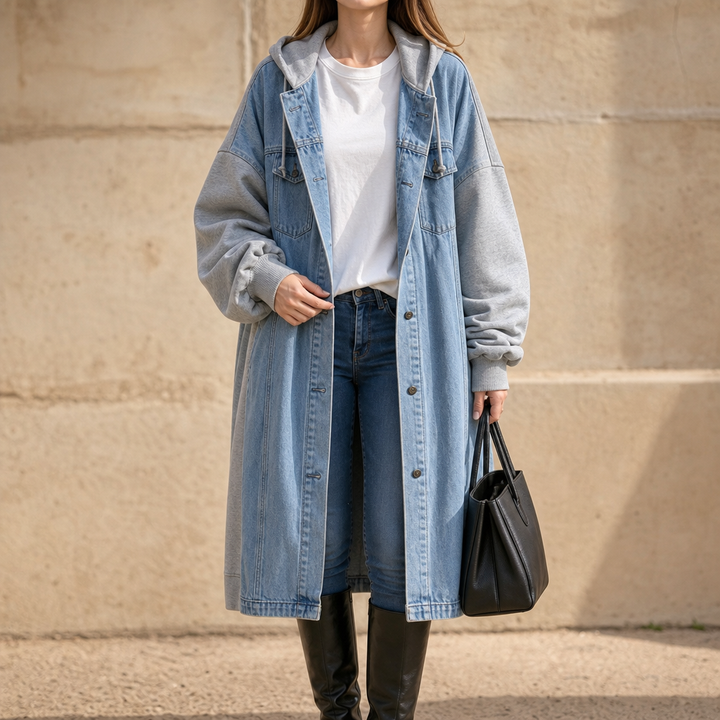 Denimova Washed Denim-Look And Hooded Sweatshirt Jacket - Elena Harper