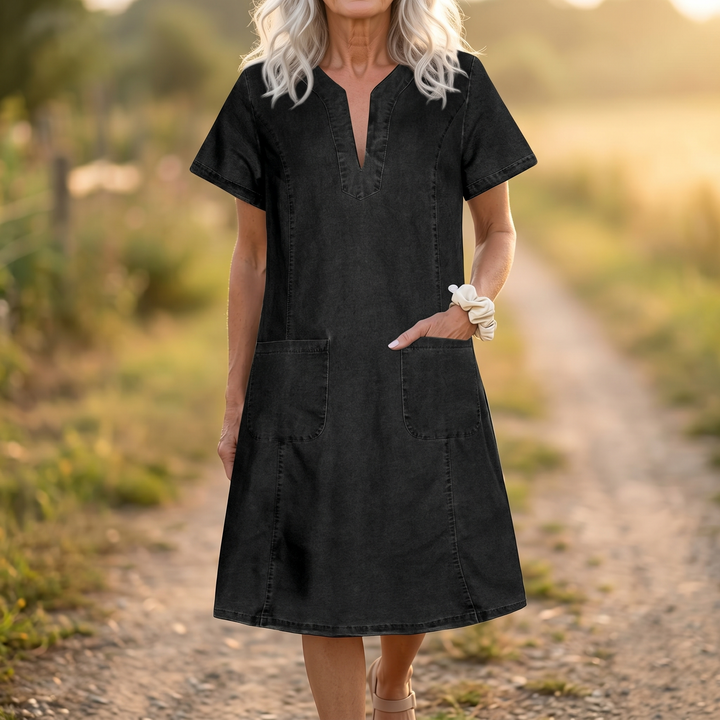 Aurelene Women's V-Neck Denim Dress with Pockets - Elena Harper