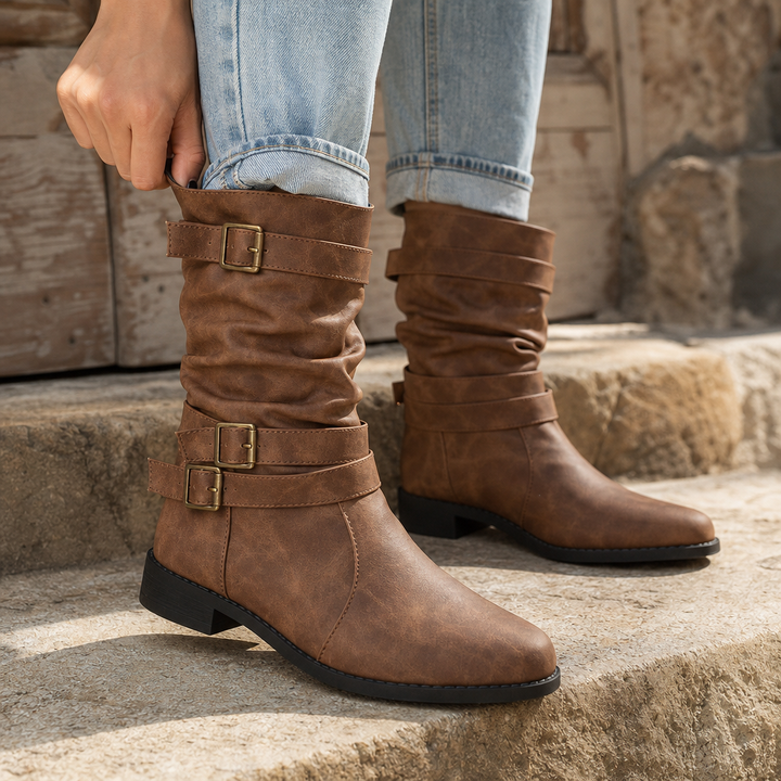 Bootara Slouchy Buckle Mid-Calf Boots - Elena Harper