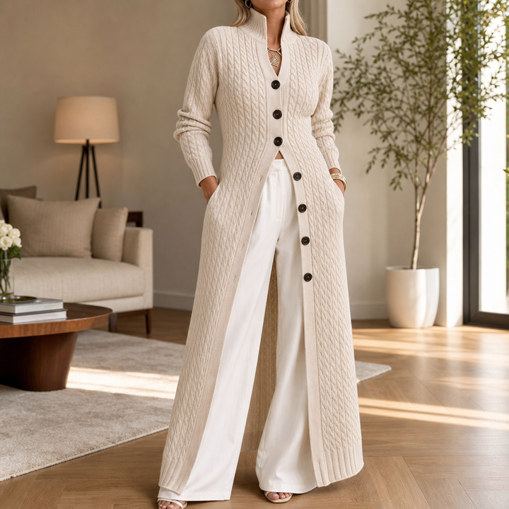Cablewick Vertical Cable-Knit Open-Front Duster Cardigan - Elena Harper