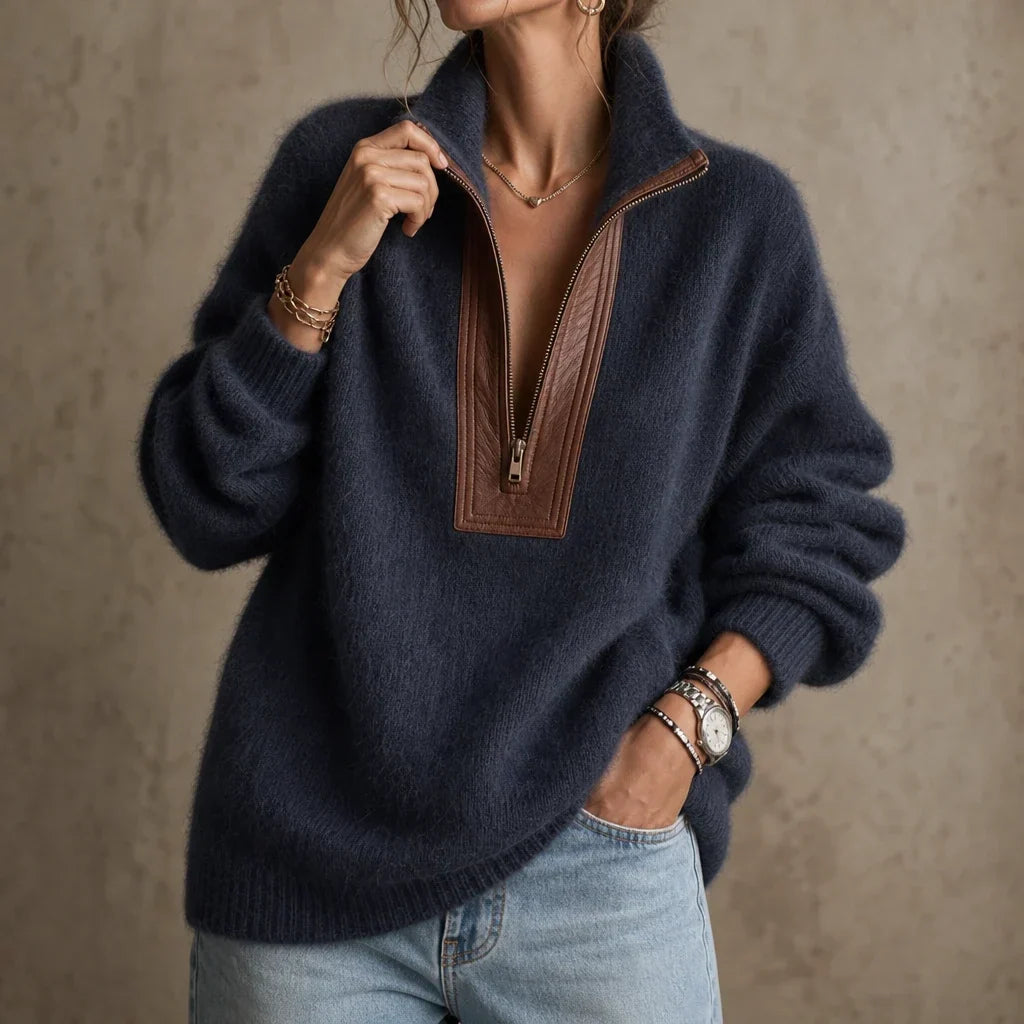 Cozyline Fuzzy Contrast-Trim Half-Zip Sweater - Elena Harper