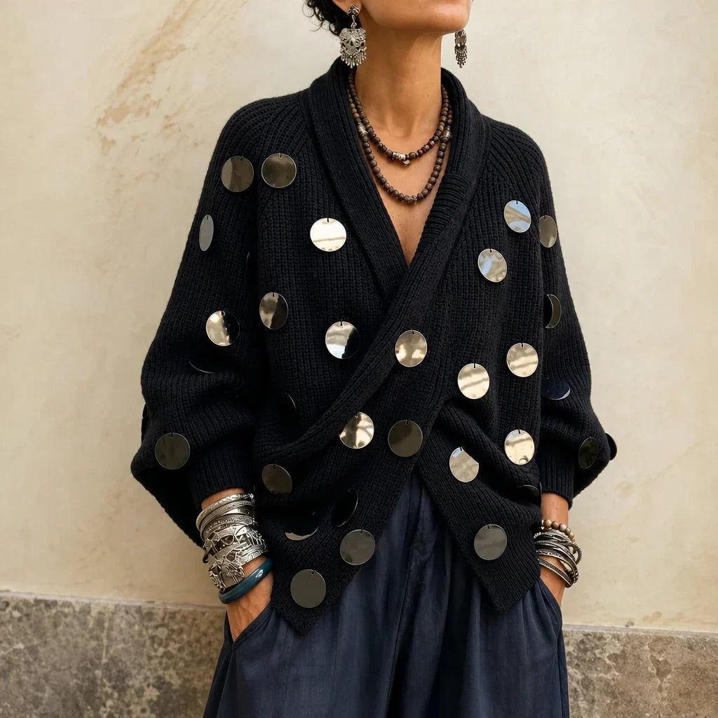 Diskelle Metallic Disk Wrap Cardigan - Elena Harper