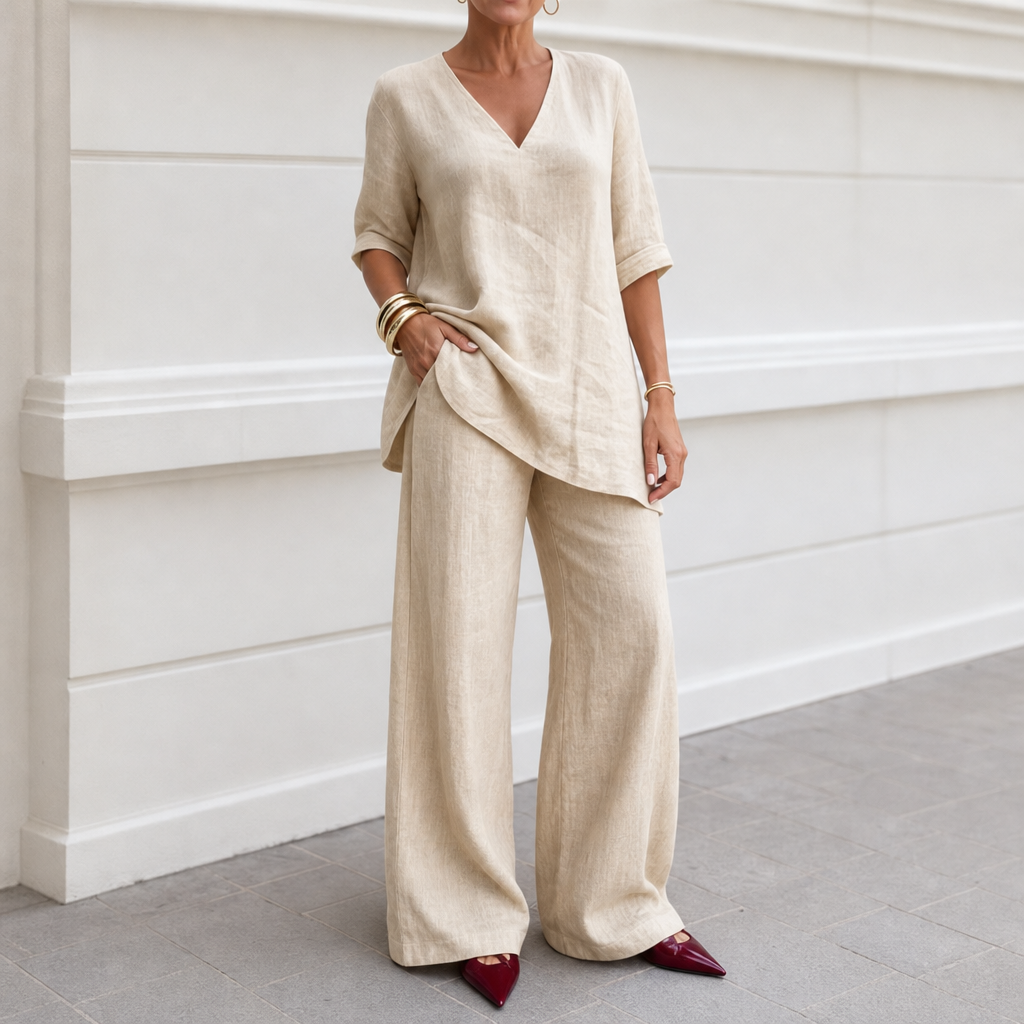 Draperly V-Neck Linen-Look Two-Piece Set - Elena Harper