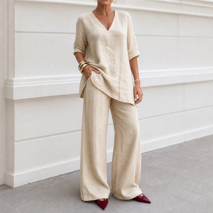 Draperly V-Neck Linen-Look Two-Piece Set - Elena Harper