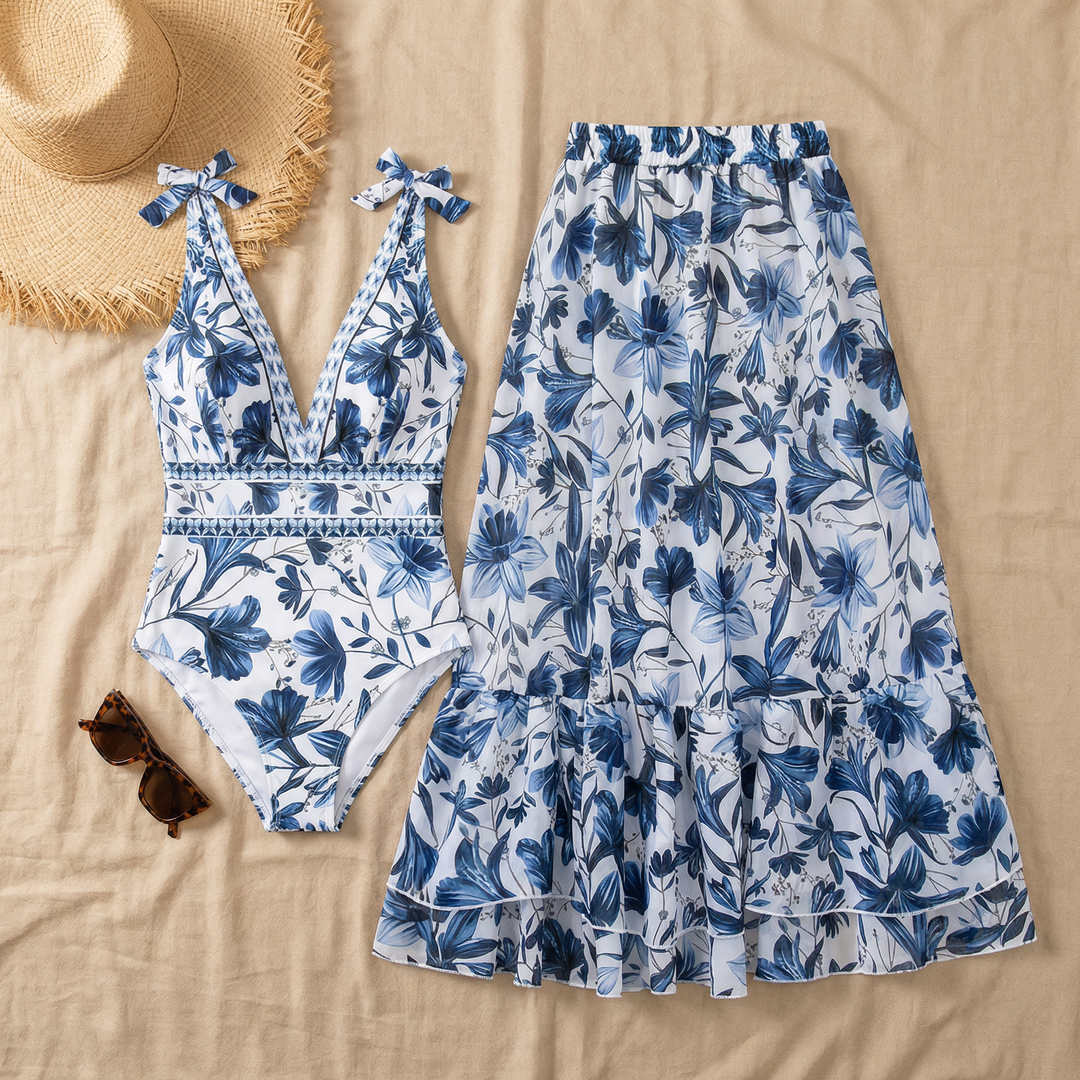 Coralina Floral Swimsuit and Matching Skirt Set - Elena Harper
