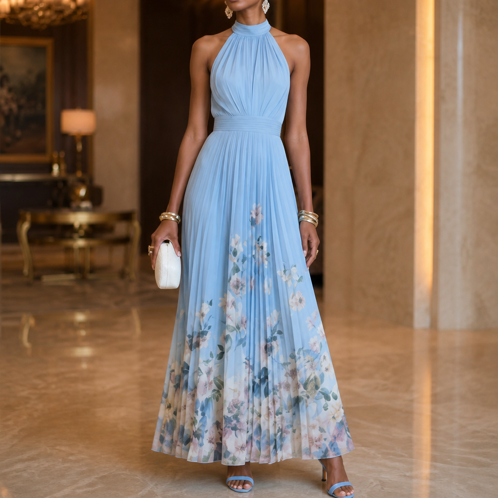 Corima Halter Bow-Back Pleated Maxi Dress - Elena Harper