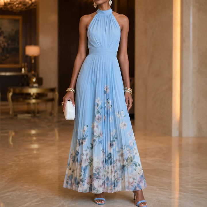 Corima Halter Bow-Back Pleated Maxi Dress - Elena Harper