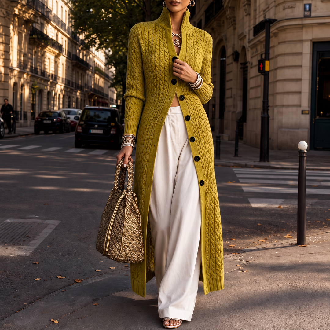 Cablemere – High Collar Cable-Knit Duster Cardigan