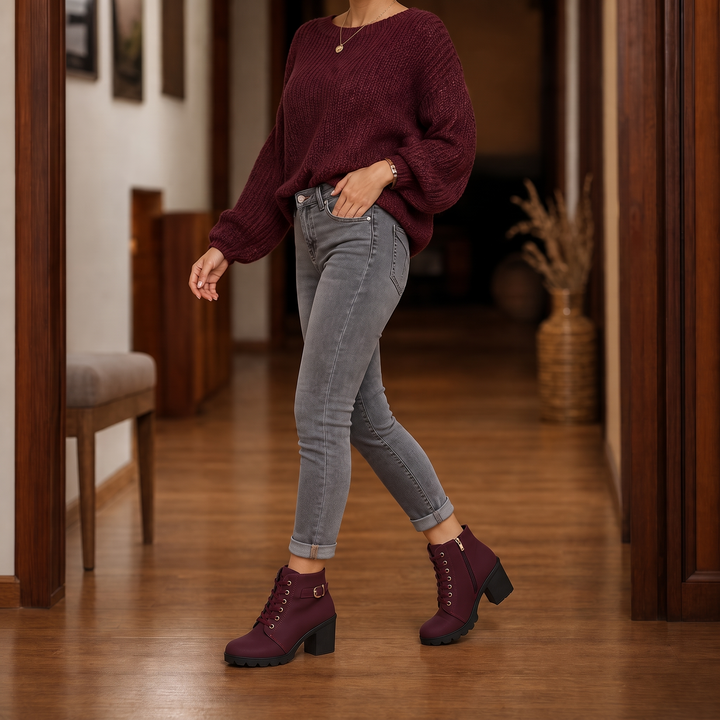 Buckle & Bold Buckle Lace-Up Chunky Heel Ankle Boots - Elena Harper