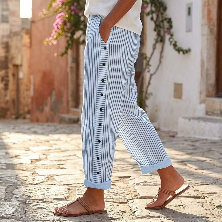Coastlyn Women's Striped Pants with Button Trim - Elena Harper