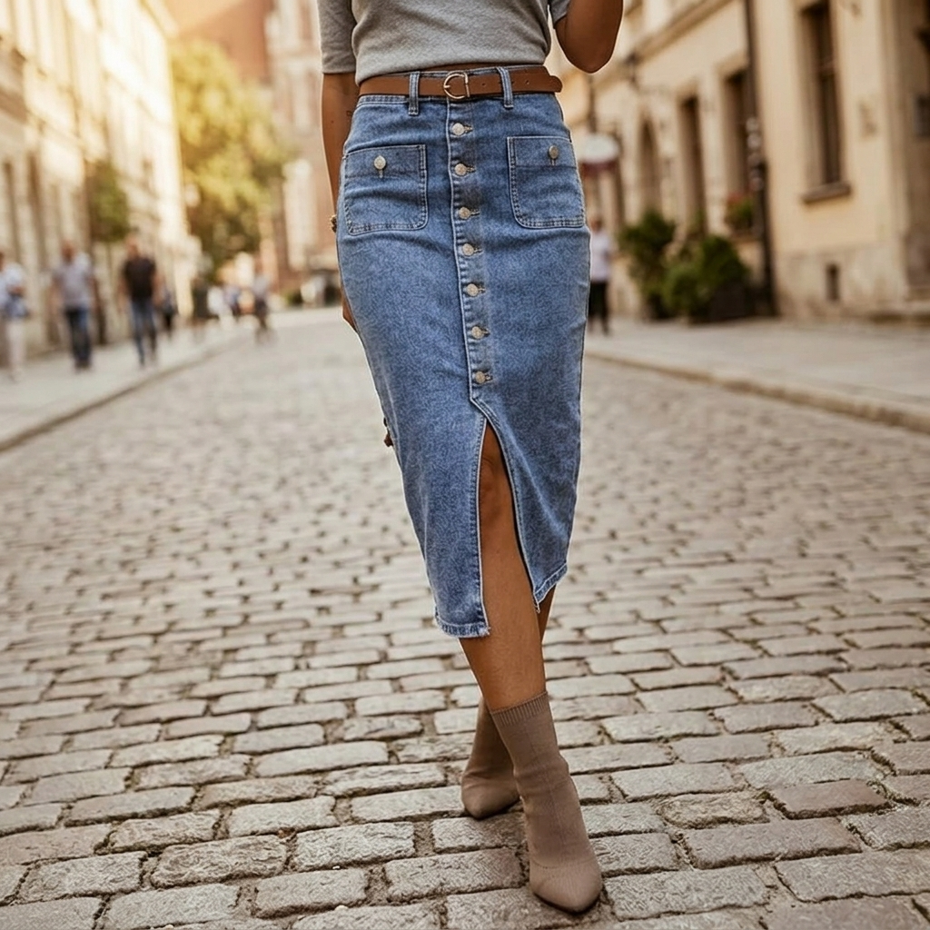 Denara Button-Front Denim Pencil Skirt - Elena Harper