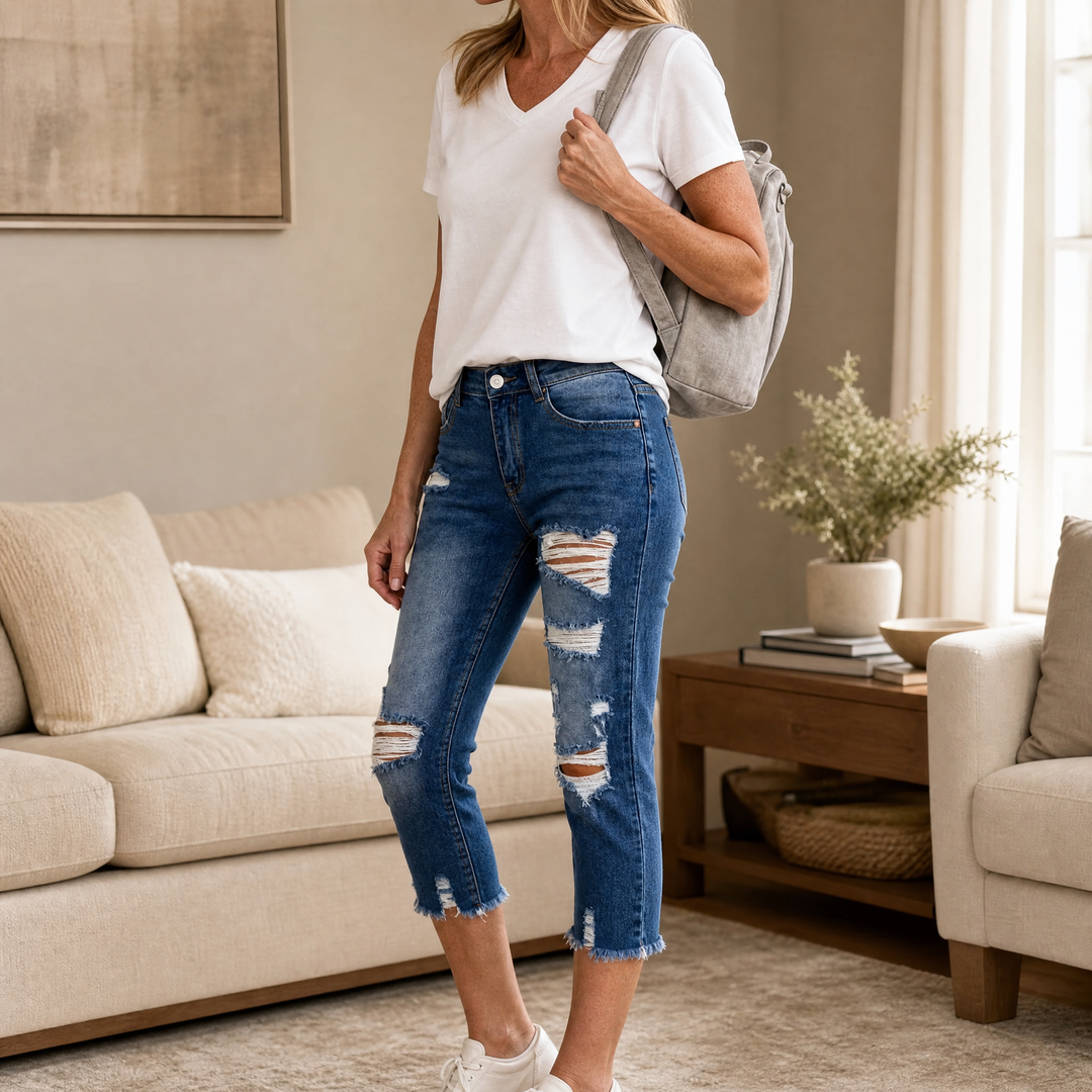Delina Women's Soft Cotton Frayed-Hem Capri Jeans - Elena Harper
