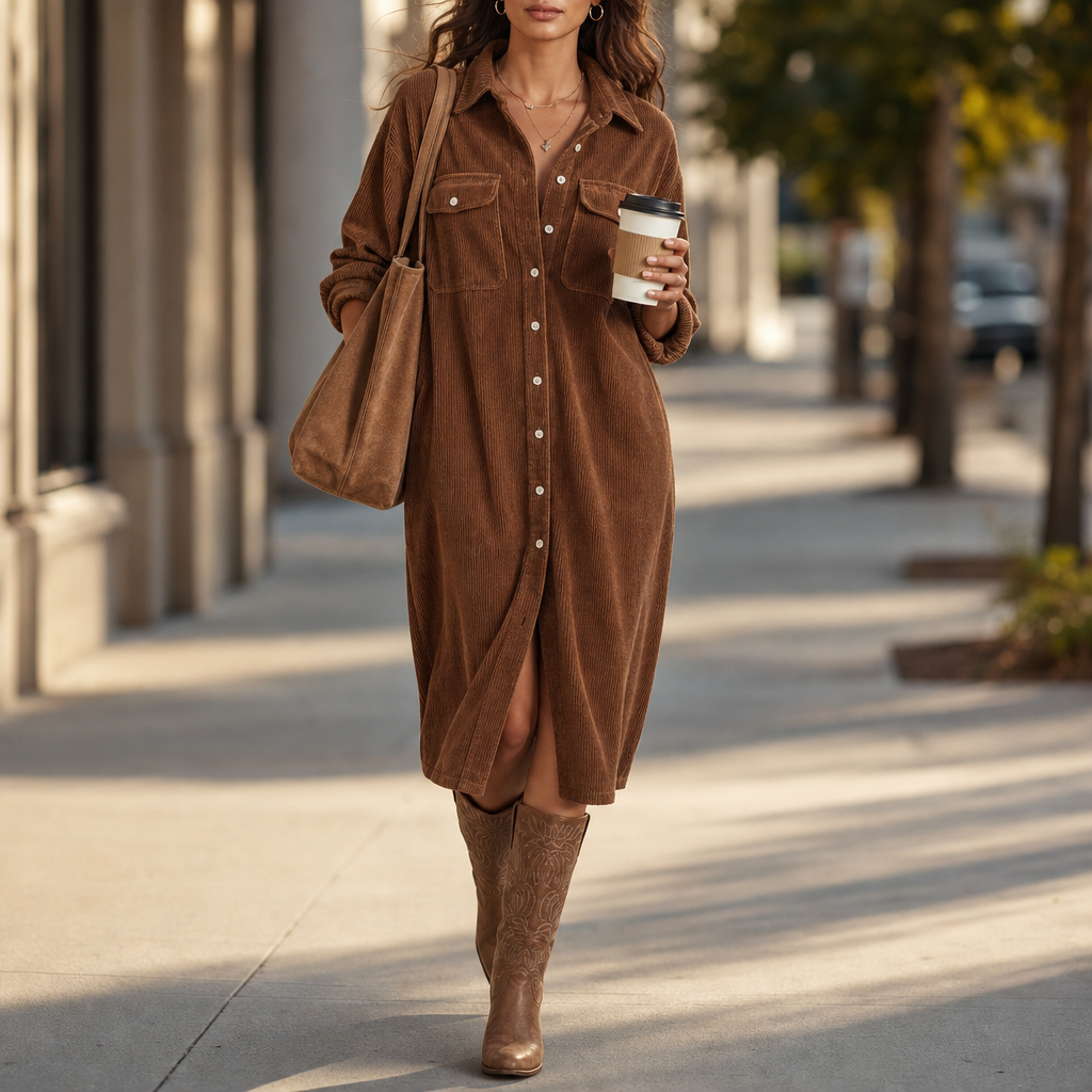 Corvella Ribbed Corduroy Button-Front Shirt Dress - Elena Harper