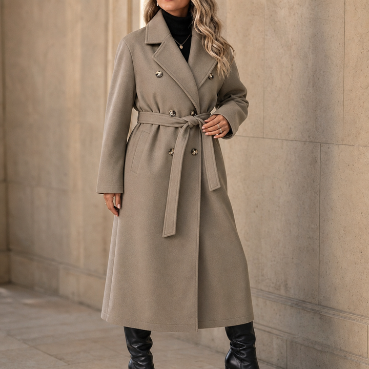 Belted Belle Double-Breasted Belted Long Coat - Elena Harper
