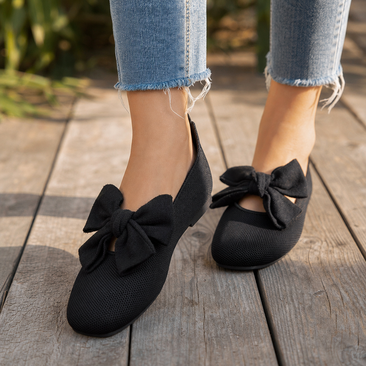 Bowelle Knit Square-Toe Bow Flats - Elena Harper