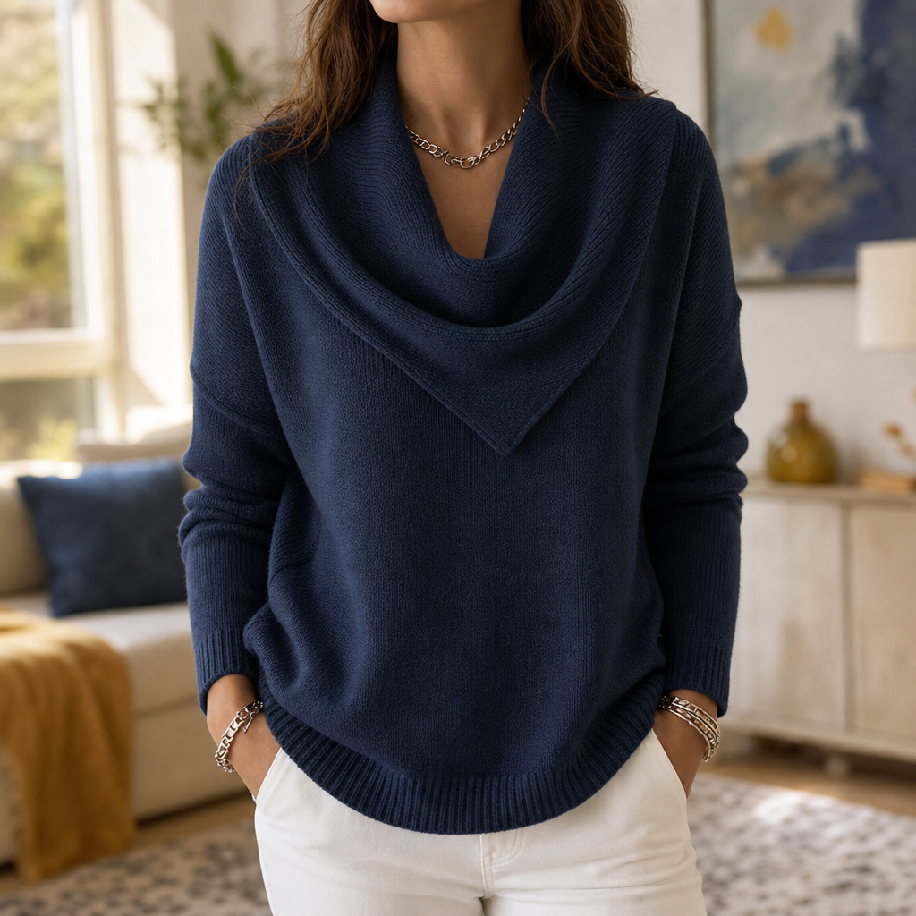 Collarvie Draped Open-Collar Cowl Neck Sweater - Elena Harper