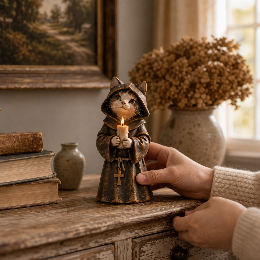 Courtly Cats – Candle-Holding Cat Monk Figurine