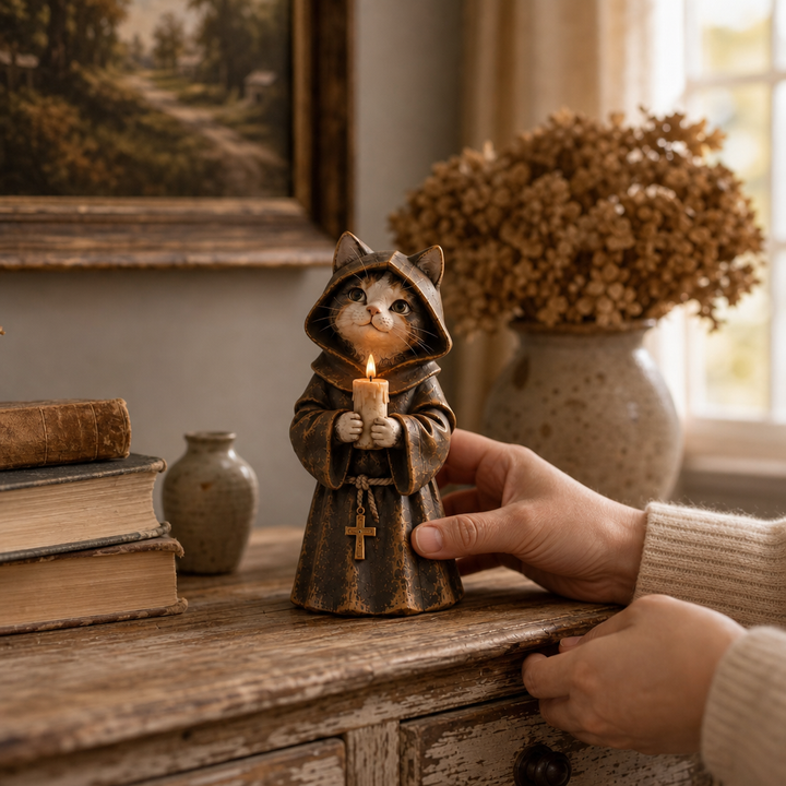 Courtly Cats – Candle-Holding Cat Monk Figurine