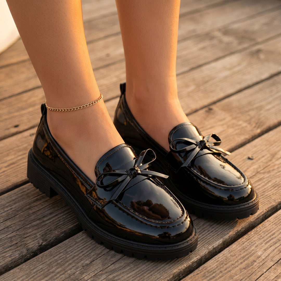 Bowella Glossy Bow Loafers with Cushioned Platform - Elena Harper
