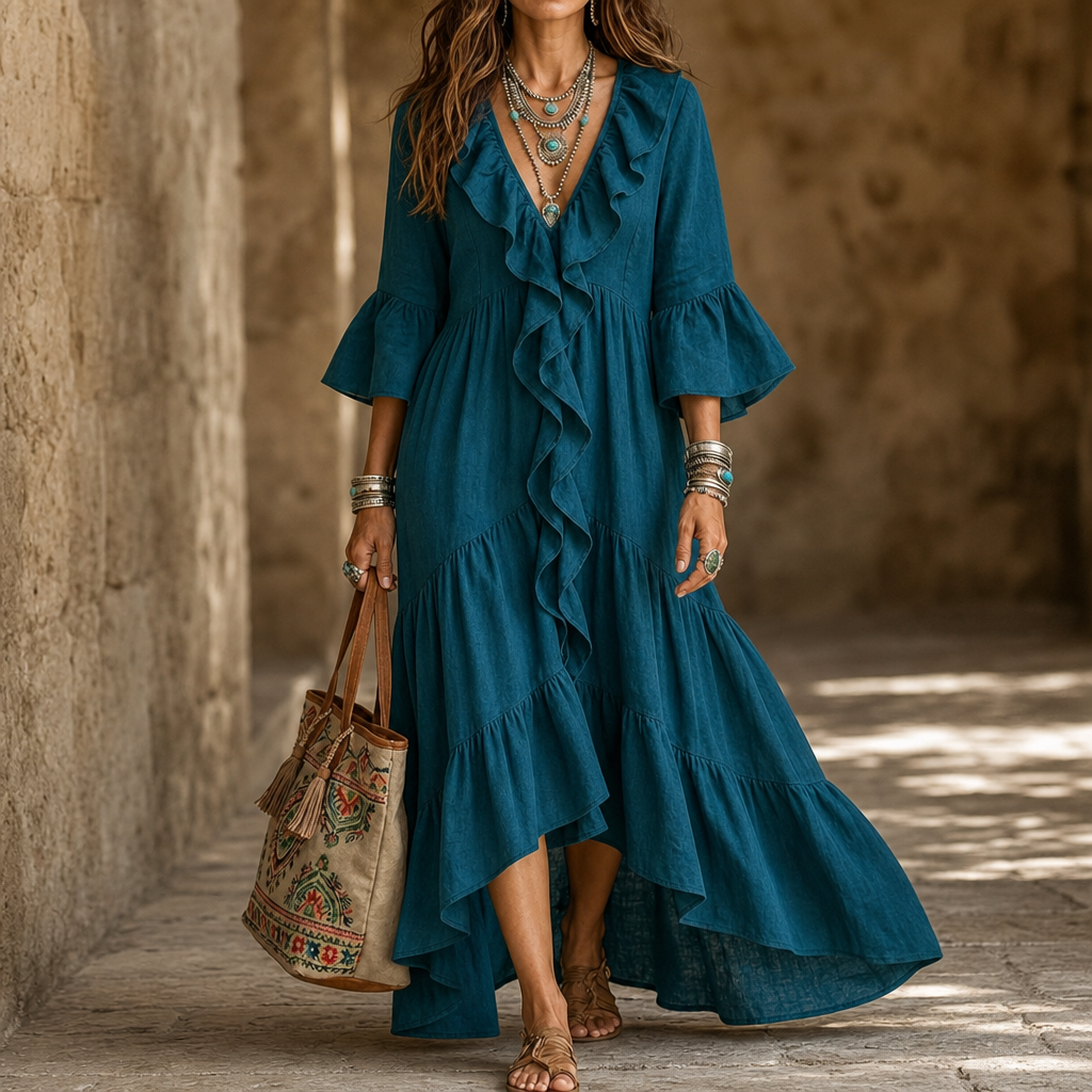 Cascada High-Low Ruffle V-Neck Bell Sleeve Dress - Elena Harper