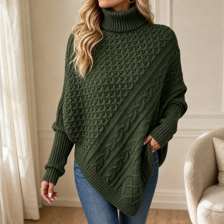 Cable & Cove Cable-Knit Turtleneck Poncho Sweater - Elena Harper
