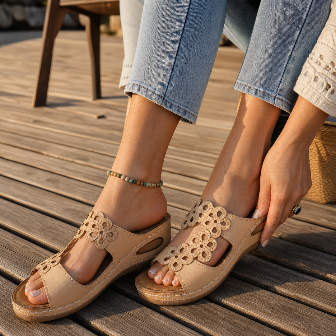 BreezeWalk Cushioned Floral Wedge Sandals - Elena Harper