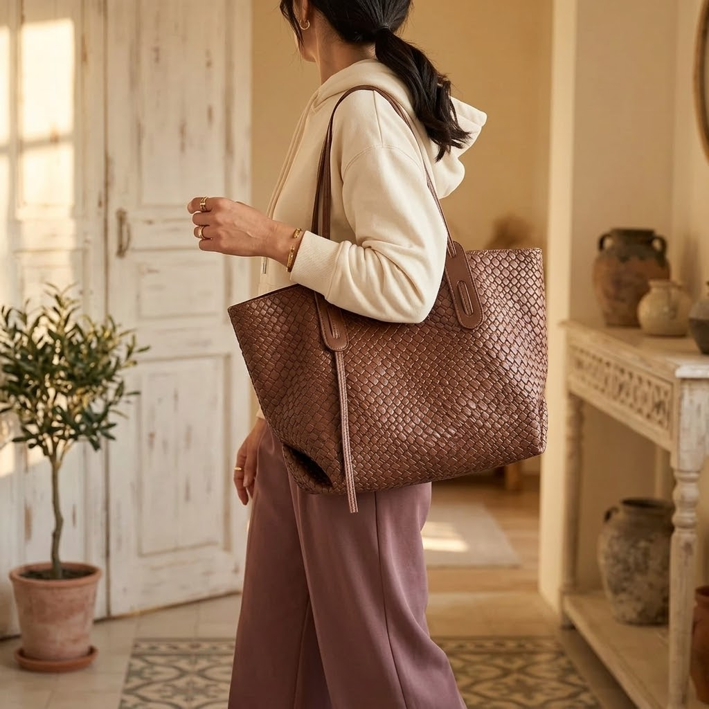 Ardenna Woven Faux Leather Tote - Elena Harper