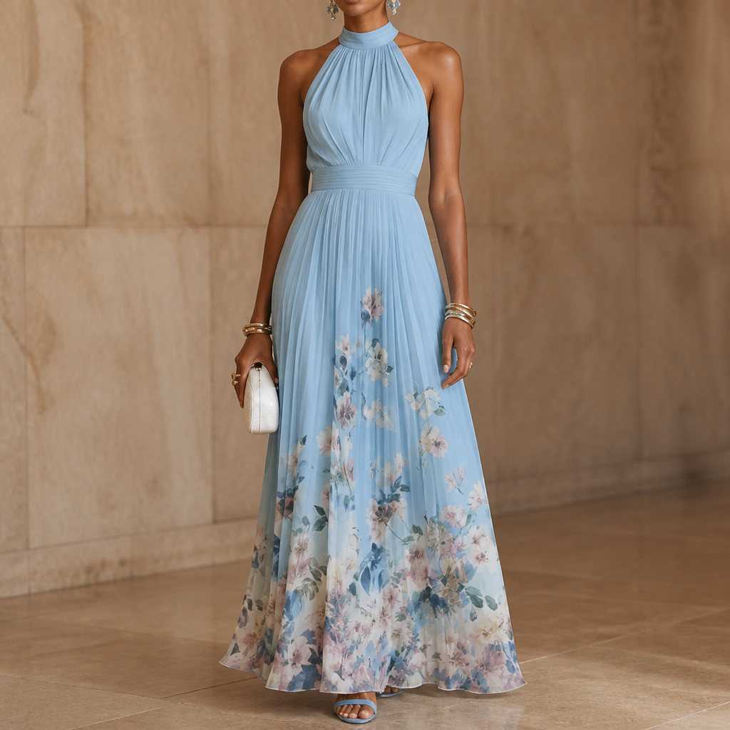 Corima Halter Bow-Back Pleated Maxi Dress - Elena Harper