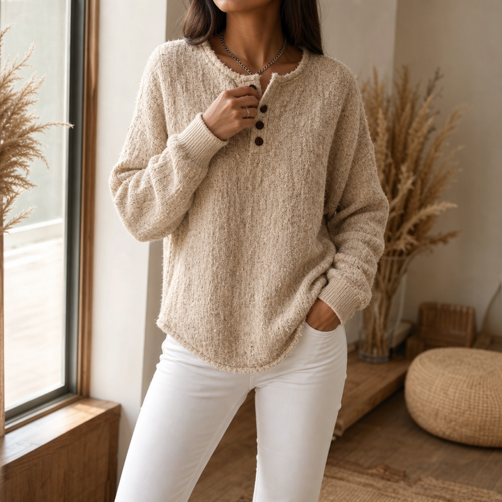 Autumbre Chunky Knit Button Henley Sweater - Elena Harper