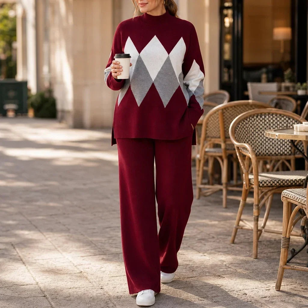 Argyle Ease Argyle Knit Sweater And Wide-Leg Trouser Set - Elena Harper