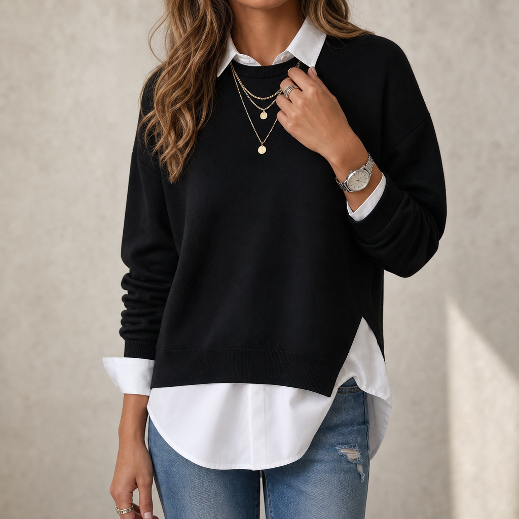 Averlyn Layered Mock Shirt Collar Crewneck Sweatshirt - Elena Harper