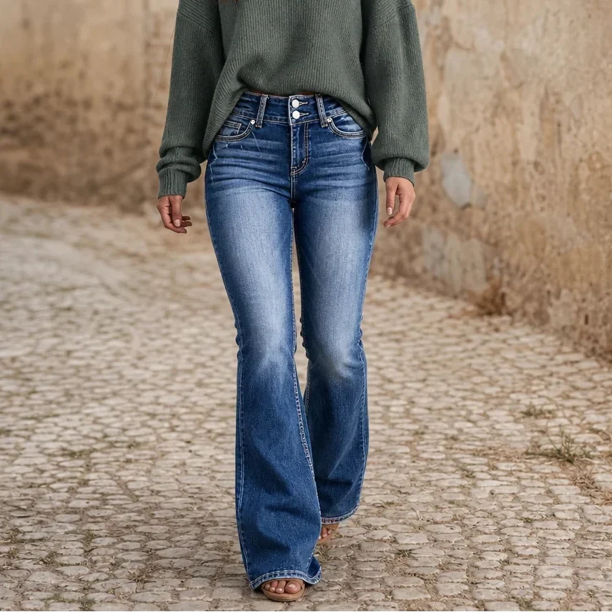 Bellecurve – Double-Button High-Waisted Bootcut Jeans