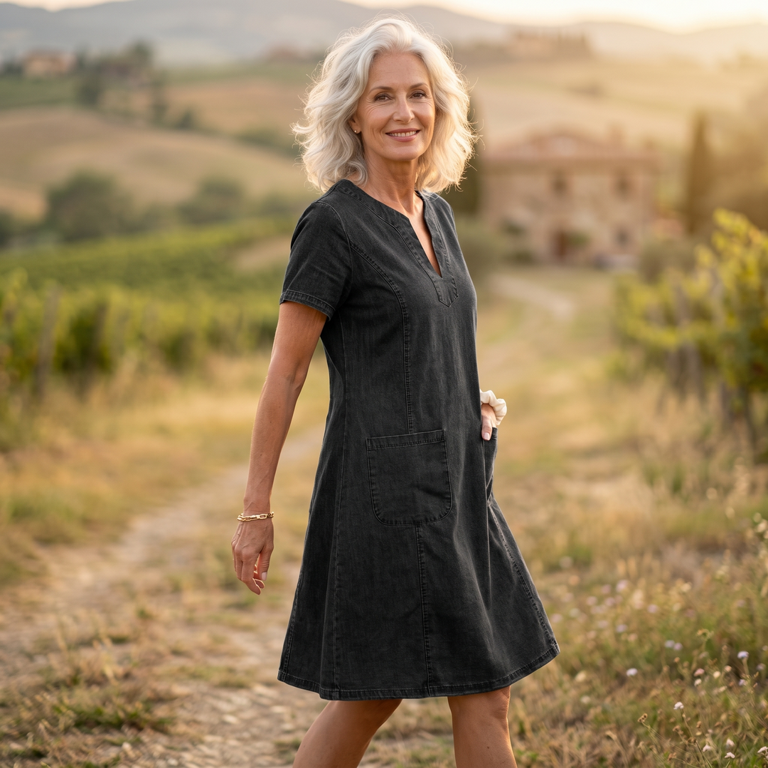 Aurelene Women's V-Neck Denim Dress with Pockets - Elena Harper