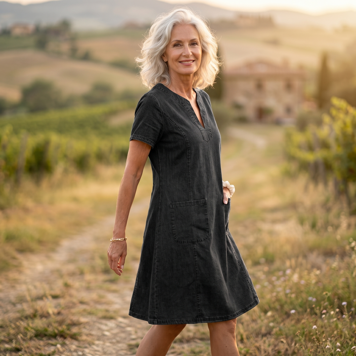 Aurelene Women's V-Neck Denim Dress with Pockets - Elena Harper