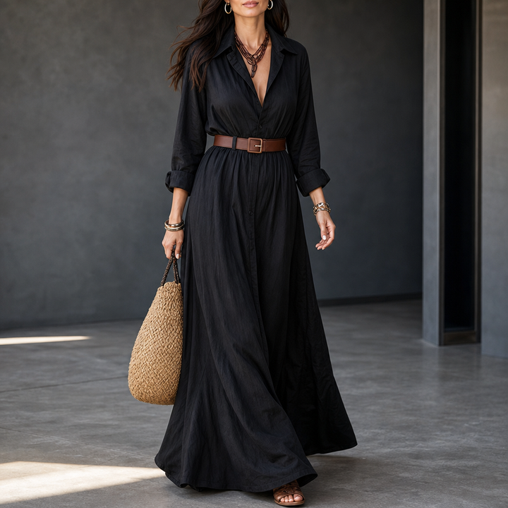 Beltelle – Long-Sleeve Belted Maxi Shirt Dress