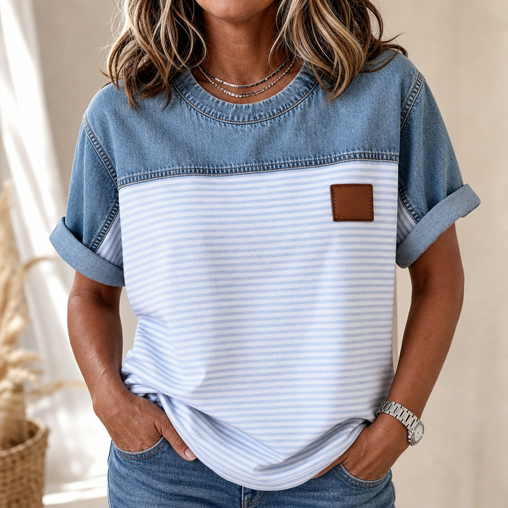 Denimelle Denim-Look Yoke Ribbed Color-Block Top - Elena Harper