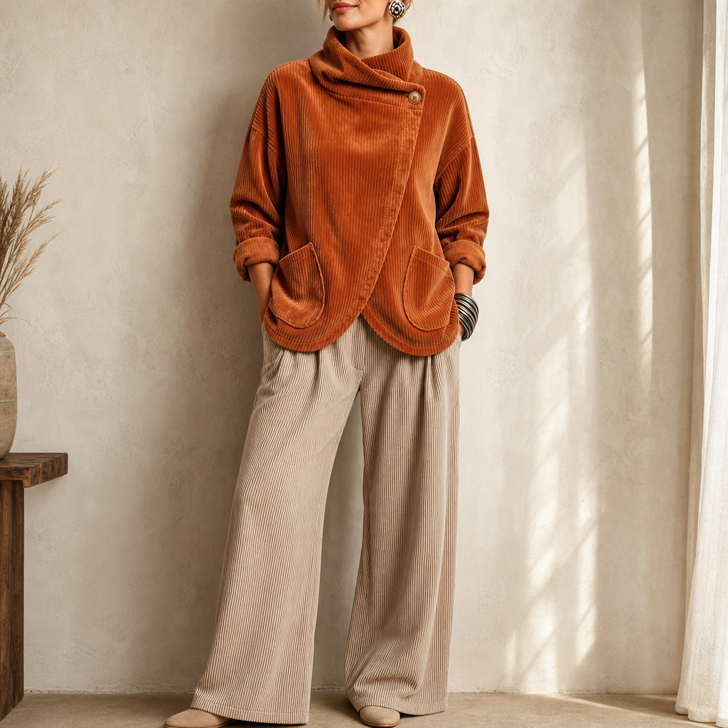 Draperie Asymmetric Button-Wrap Corduroy Top - Elena Harper