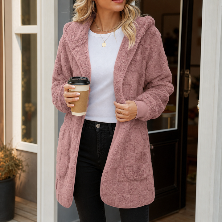 Checkora Fluffy Checked Open-Front Cardigan - Elena Harper