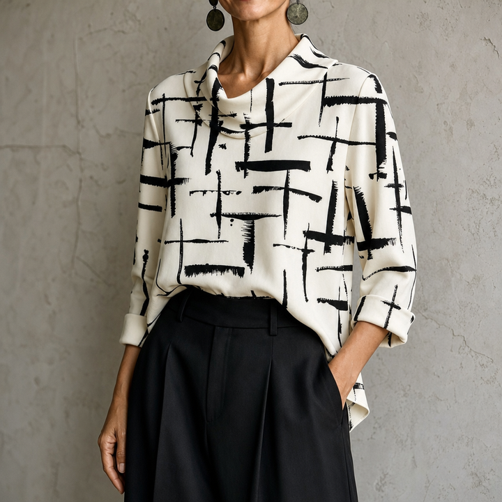 Cowlina Cross-Print Cowl-Neck 3/4-Sleeve Blouse - Elena Harper
