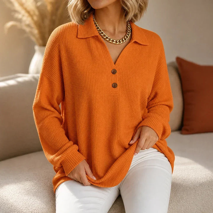 Autumnelle Waffle-Textured Long-Sleeve V-Neck Blouse - Elena Harper